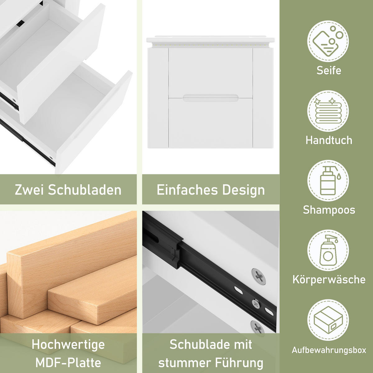 BADMÖBEL Set 61 cm wandhängend, Waschtisch mit Waschbecken, LED und Schubladen - Weiß, Holz/Keramik (46/48/60cm) - PARAFTA HOME