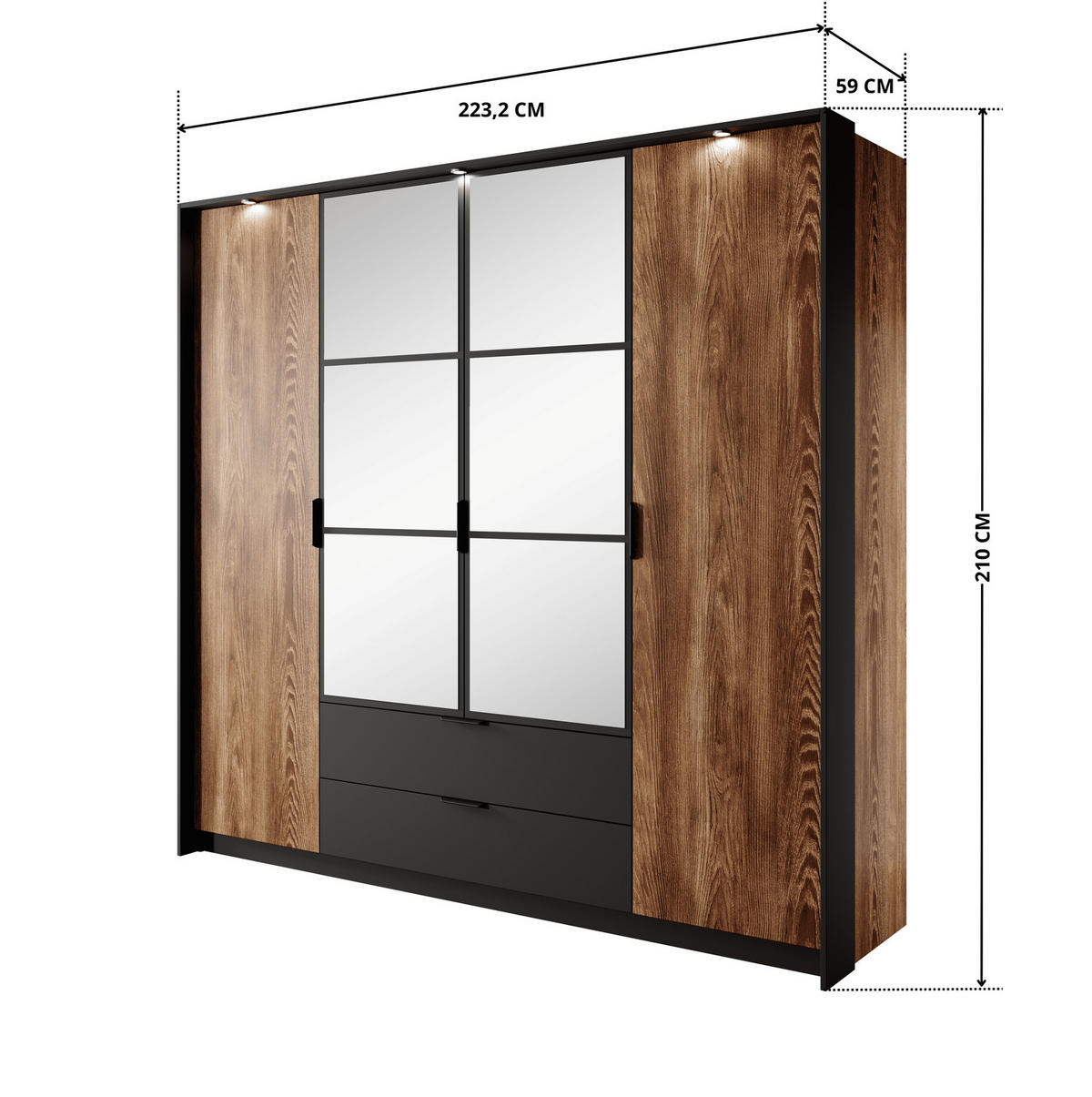 KLEIDERSCHRANK MELTON 223 cm Kastanie / Anthrazit - mit Spiegel, Schubladen und LED - Kastanienfarben/Anthrazit, Holz/Holzwerkstoff (223/210/59cm) - Ravio
