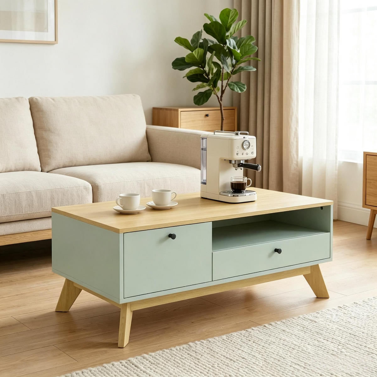 COUCHTISCH rechteckig Hellgrün/Eichenoptik mit Schublade - Eichefarben/Grün, Holzwerkstoff (100/50/40cm)