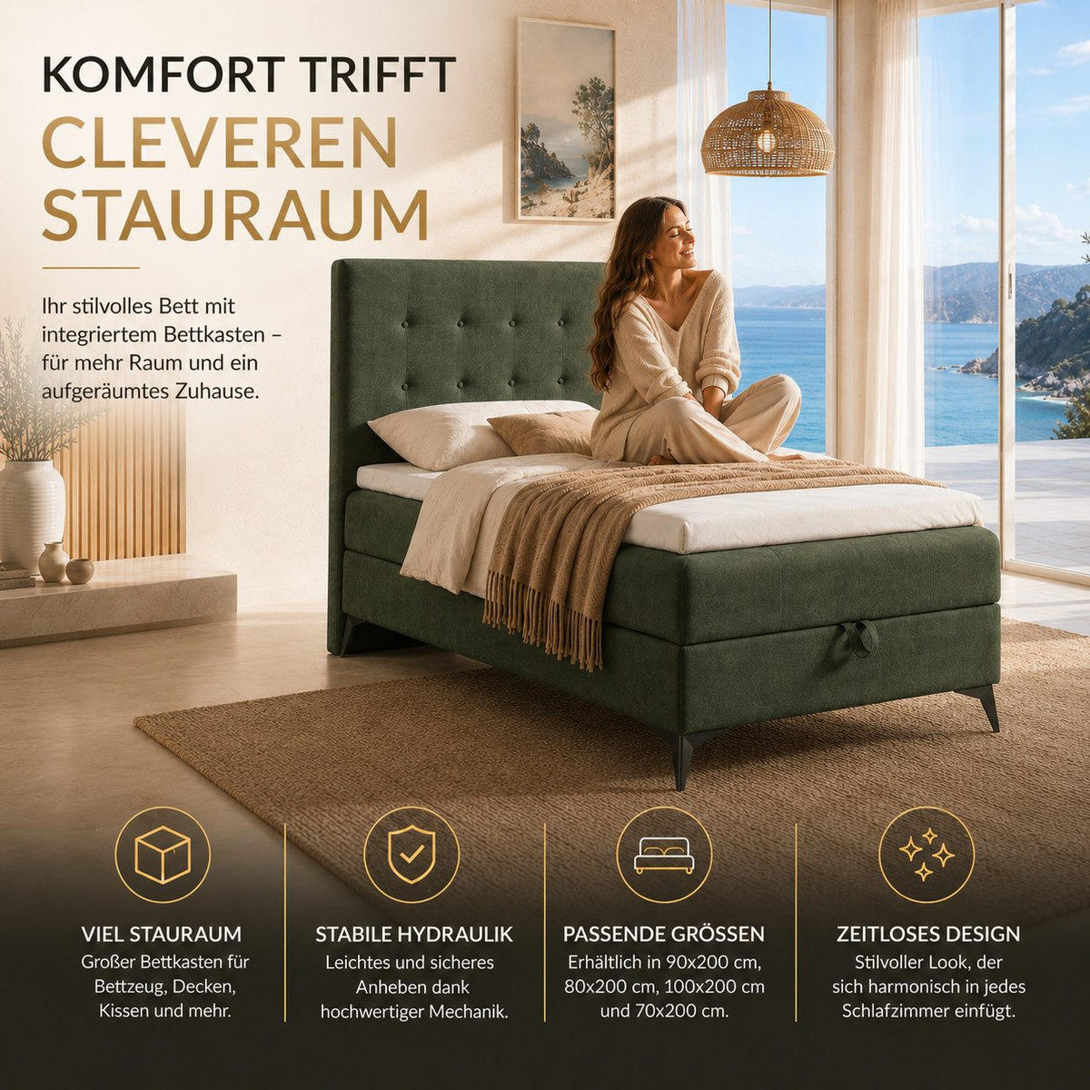 BOXBETT K15 Single SLIM mit Bettkasten & Bonell-Federkern inkl. Topper - Olivgrün, Holz/Textil (200/80cm) - Best For Home