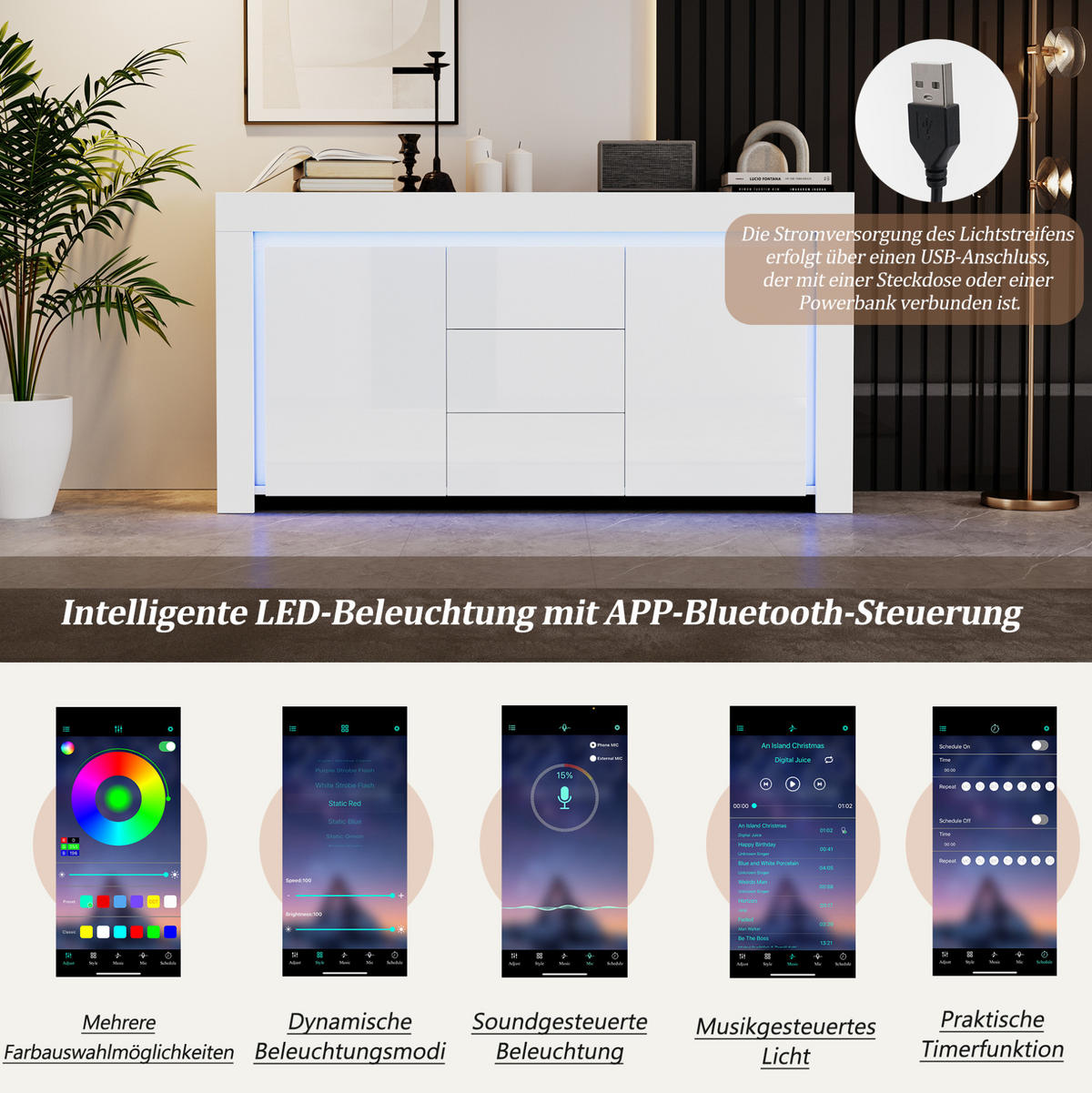 SIDEBOARD aus MDF 140x40x65 cm Weiß mit LED-Beleuchtung, 2 Türen, 3 Schubladen und Hochglanzfront - Weiß, Holzwerkstoff (140/65/40cm) - Modfu