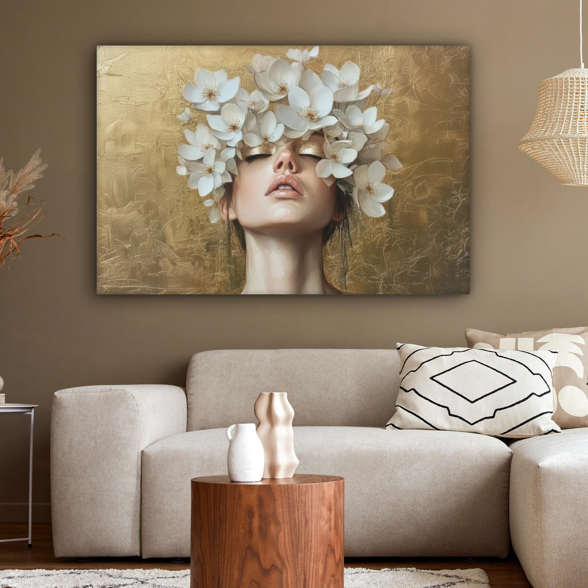 LEINWANDBILD Gesicht - Blumen - Gold - Abstrakt Wohnzimmer Groß 120x80 cm - Goldfarben, Textil (120/80cm) - MuchoWow