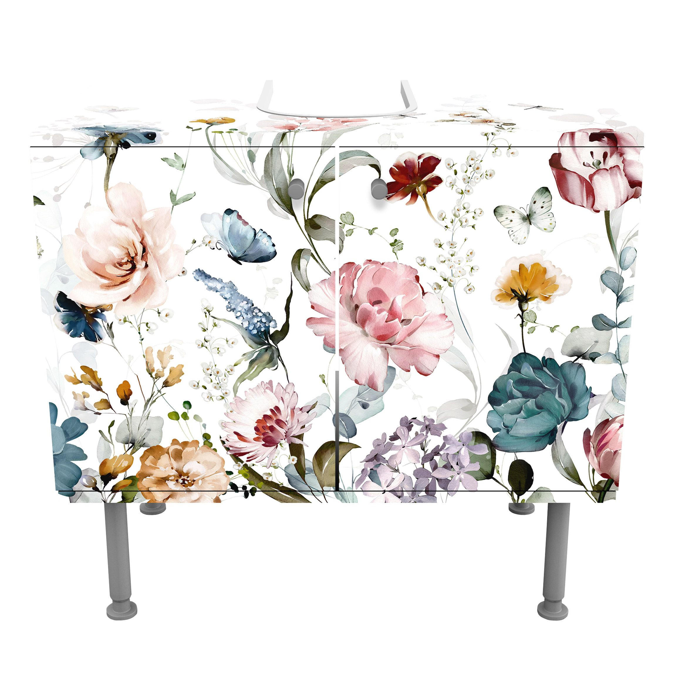 WASCHBECKENUNTERSCHRANK Rankende Blumen mit Schmetterlingen Aquarell 60/55/35 cm - Pastellblau, Holzwerkstoff (60/55/35cm) - Bilderwelten