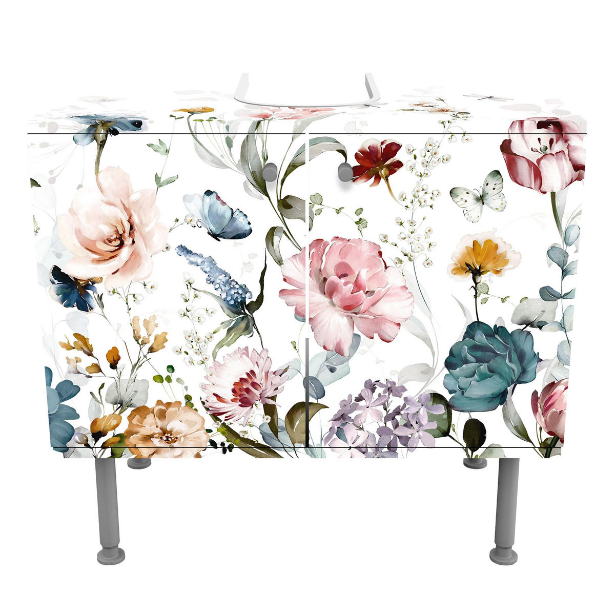 WASCHBECKENUNTERSCHRANK Rankende Blumen mit Schmetterlingen Aquarell 60/55/35 cm - Pastellblau, Holzwerkstoff (60/55/35cm) - Bilderwelten