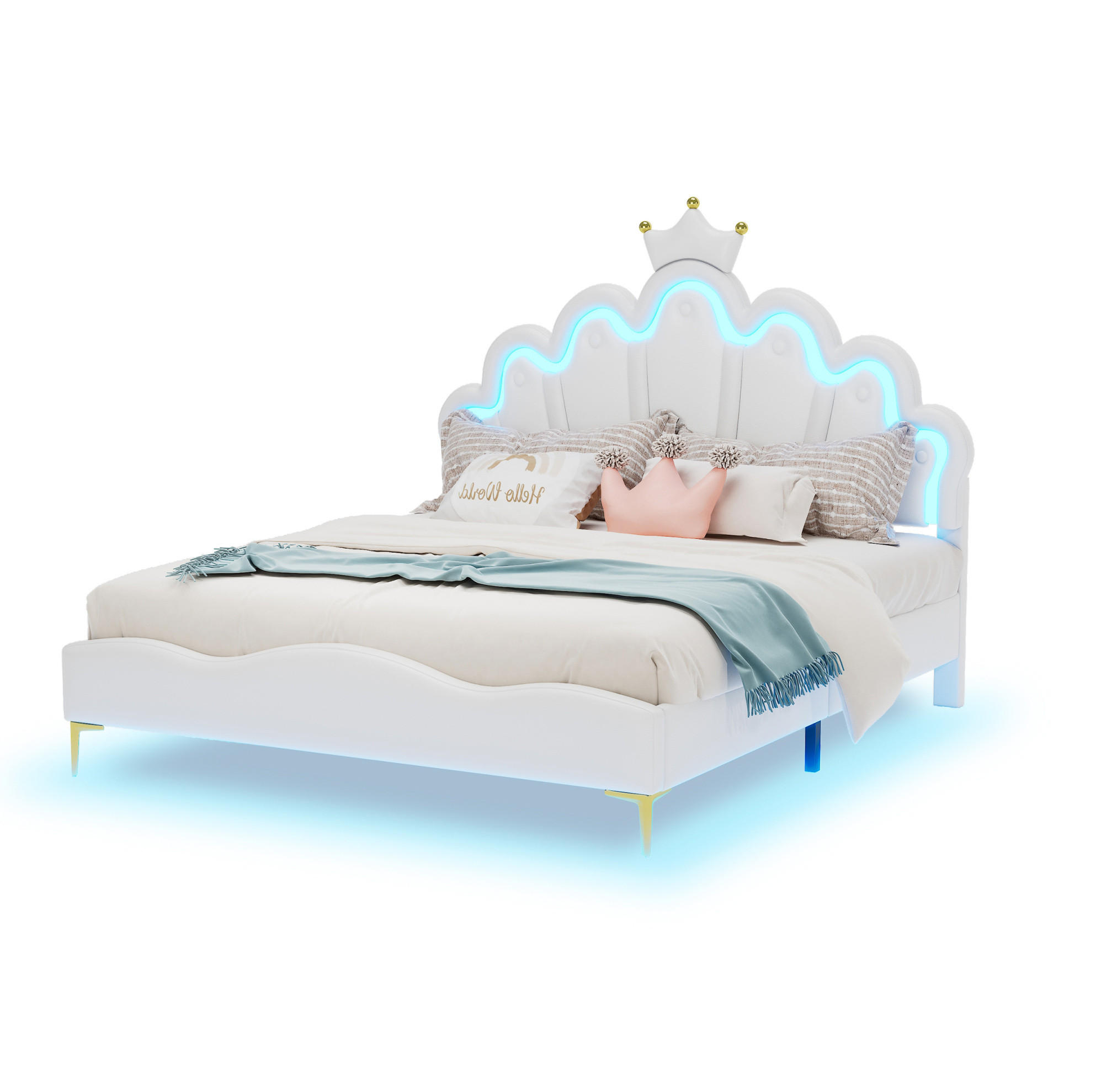 Redom ČALOUNĚNÁ postel 140/200 cm s LED osvětlením, tvar krone a obláčků, měkké čalounění PU, Bílá