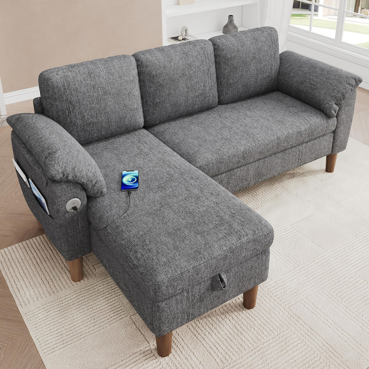 ECKSOFA 181/125/88 cm Hellgrau mit Stauraum-Chaiselongue und USB/Type-C-Ladeanschluss - Hellgrau, Textil (181/125cm) - Oxeza