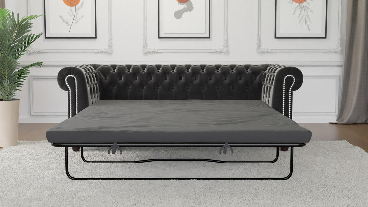CHESTERFIELD-SOFA 3-Sitzer mit Schlaffunktion Nyx Schwarz Samt - Schwarz/Braun, Holz/Textil (203/28/86cm) - S-Style Möbel