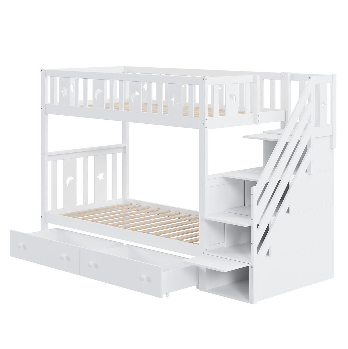 ETAGENBETT 90/200 cm Weiß mit Stauraumtreppe und 2 Schubladen - Weiß, Holz (90/200cm) - Flora Grace