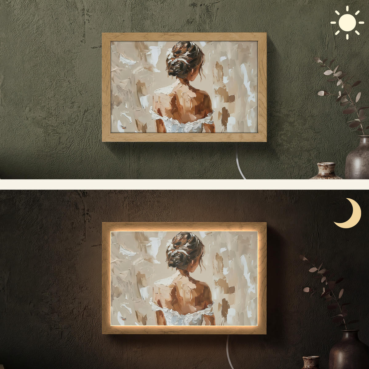 NÁSTĚNNÁ LAMPA Žena - malba - abstraktní - béžová - moderní 30x20 cm - světle hnědá, kompozitní dřevo (30/20/8cm) - OnlyWow