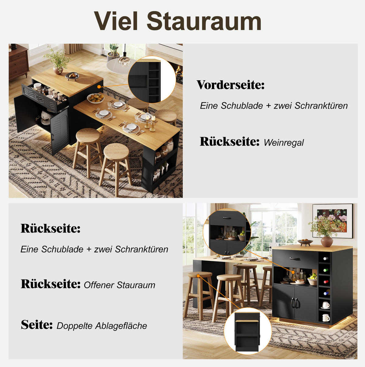 KÜCHENINSEL 80/70/95,5 cm schwarz aus MDF mit Ausziehtisch - Schwarz, Holzwerkstoff (80/95.5/70cm) - OKWISH
