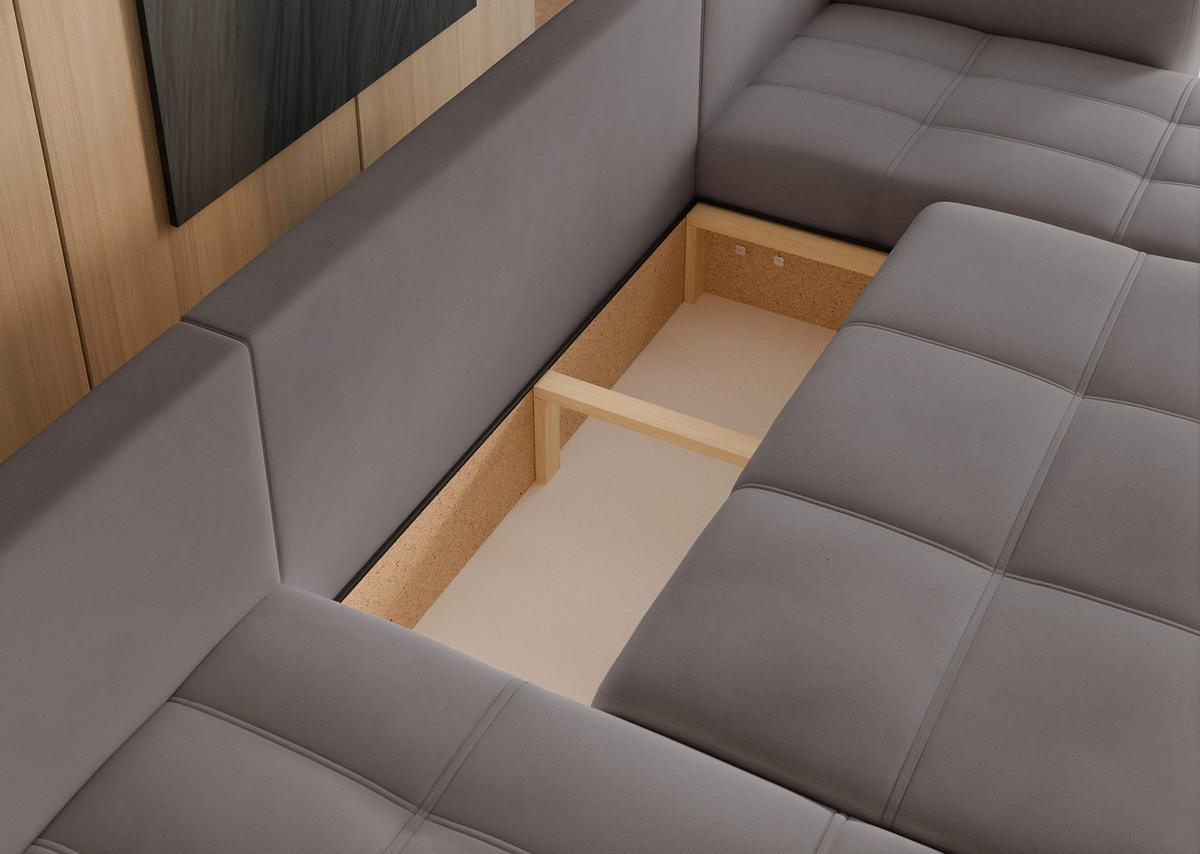 WOHNLANDSCHAFT U-Form Velours mit Bettkasten und Schlaffunktion - Dunkelgrau, Holzwerkstoff/Textil (318/79/145cm) - Idohome