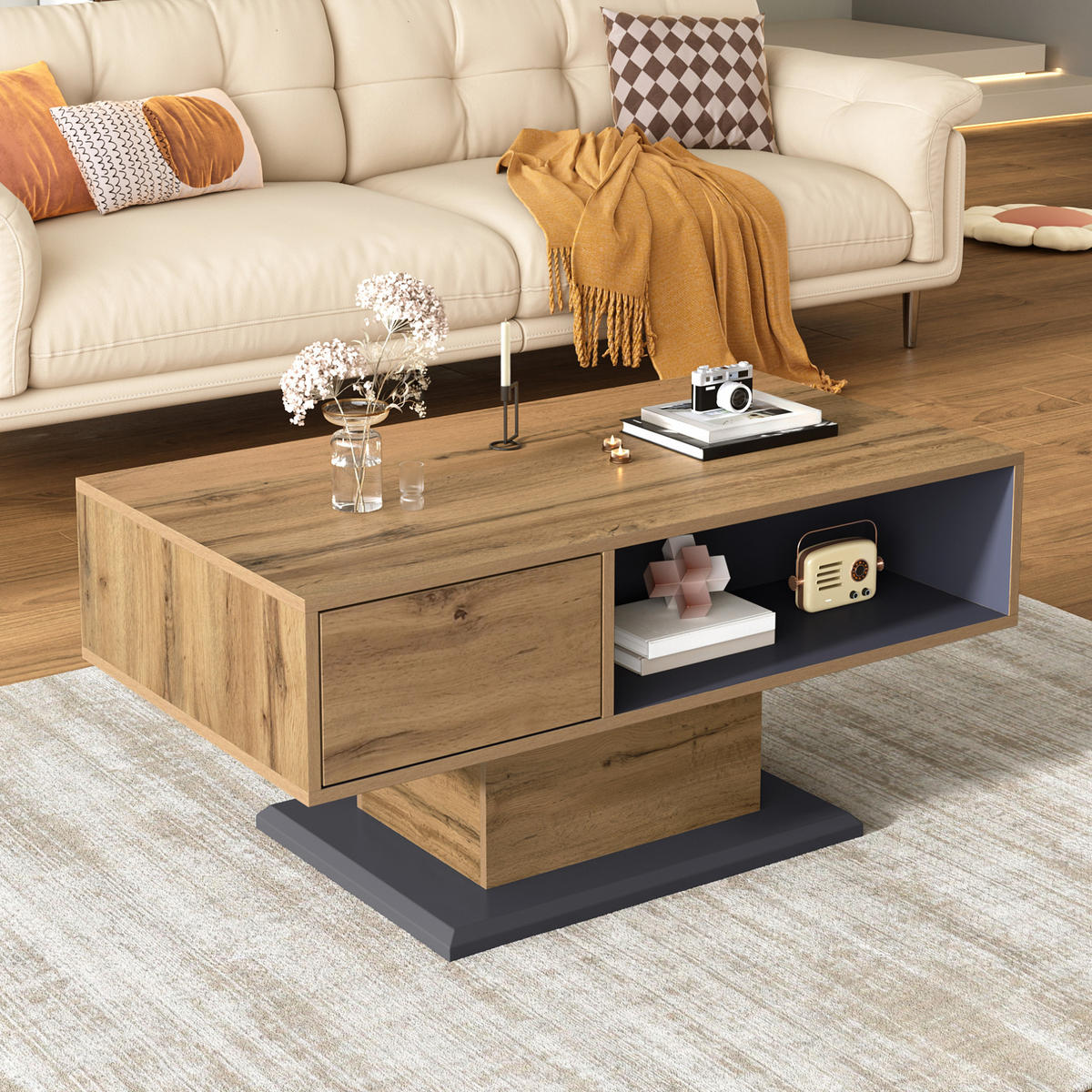 COUCHTISCH aus Spanplatte 100x50x46,5 cm in Naturfarben mit Stauraum - Naturfarben, Holzwerkstoff (100/50/46.5cm) - Modfu