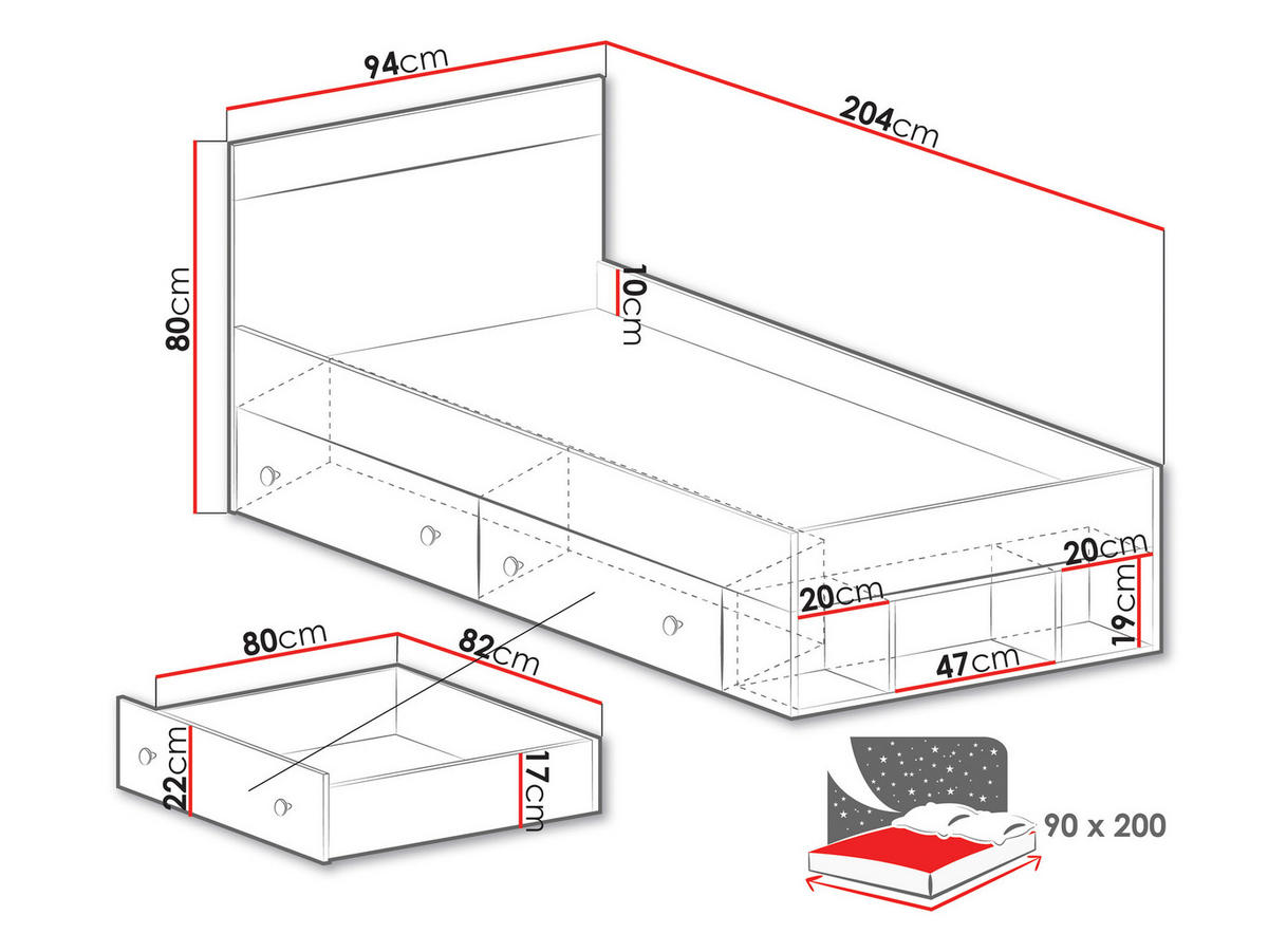 JUGENDBETT Pixel PX14/15 L/P - Eichefarben/Weiß, Holzwerkstoff (90/200cm)
