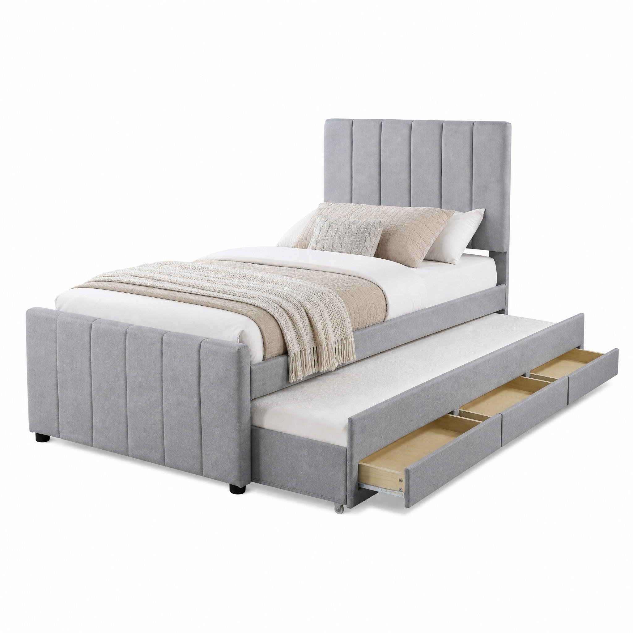 POLSTERBETT mit Ausziehbett und 3 Schubladen 90x200 cm Grau - Grau, Holzwerkstoff (90/200cm) - Beauniv