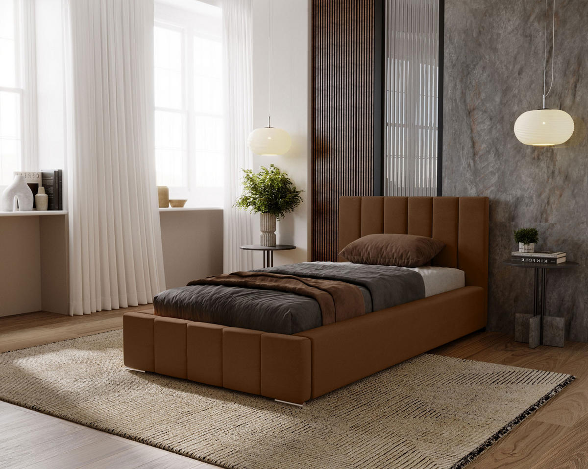 POLSTERBETT Nero 80x200 cm, Einzelbett mit Bettkasten und Lattenrost aus Holz, Velourstoff: Dunkelbraun - Dunkelbraun, Holz/Kunststoff (80/200cm) - Marpur