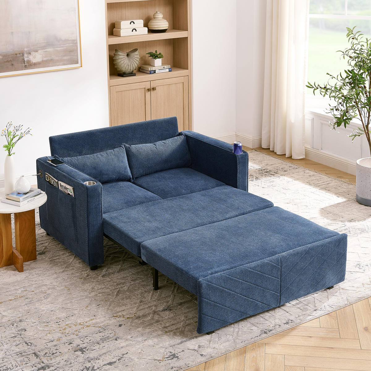 SCHLAFSOFA 134/82/73 cm Marineblau mit USB Charging und Aufbewahrungstasche - Blau, Textil (134/73/195cm) - Oxeza
