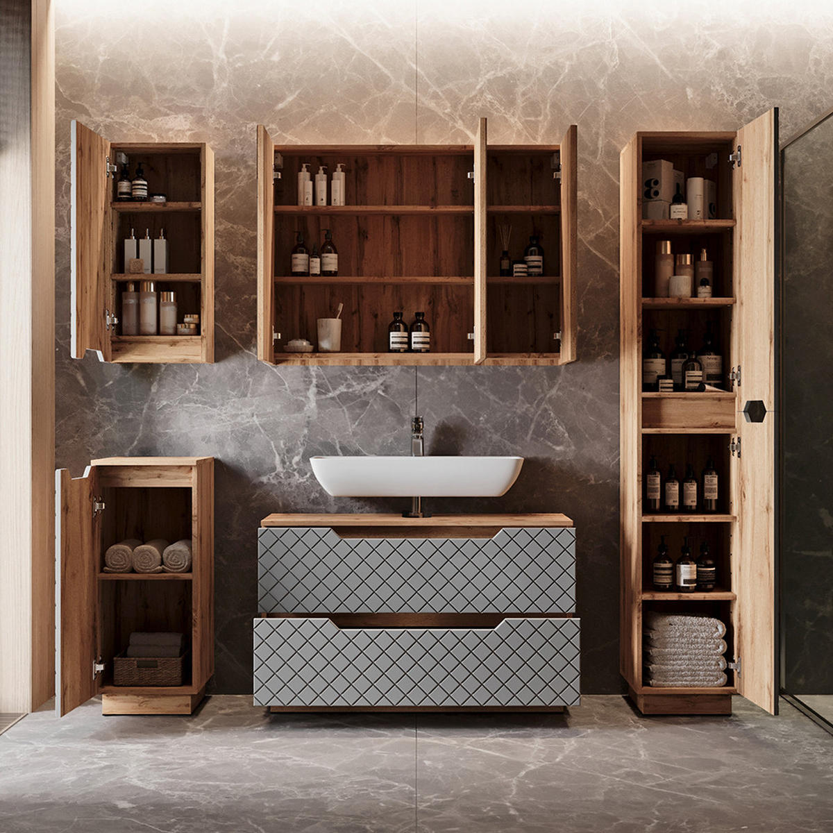 BADMÖBEL-SET Lotta Eiche/Grau mit Kachelstruktur 3 Teile - Eichefarben/Grau, Holzwerkstoff (99.4/62.5/32cm) - Vicco