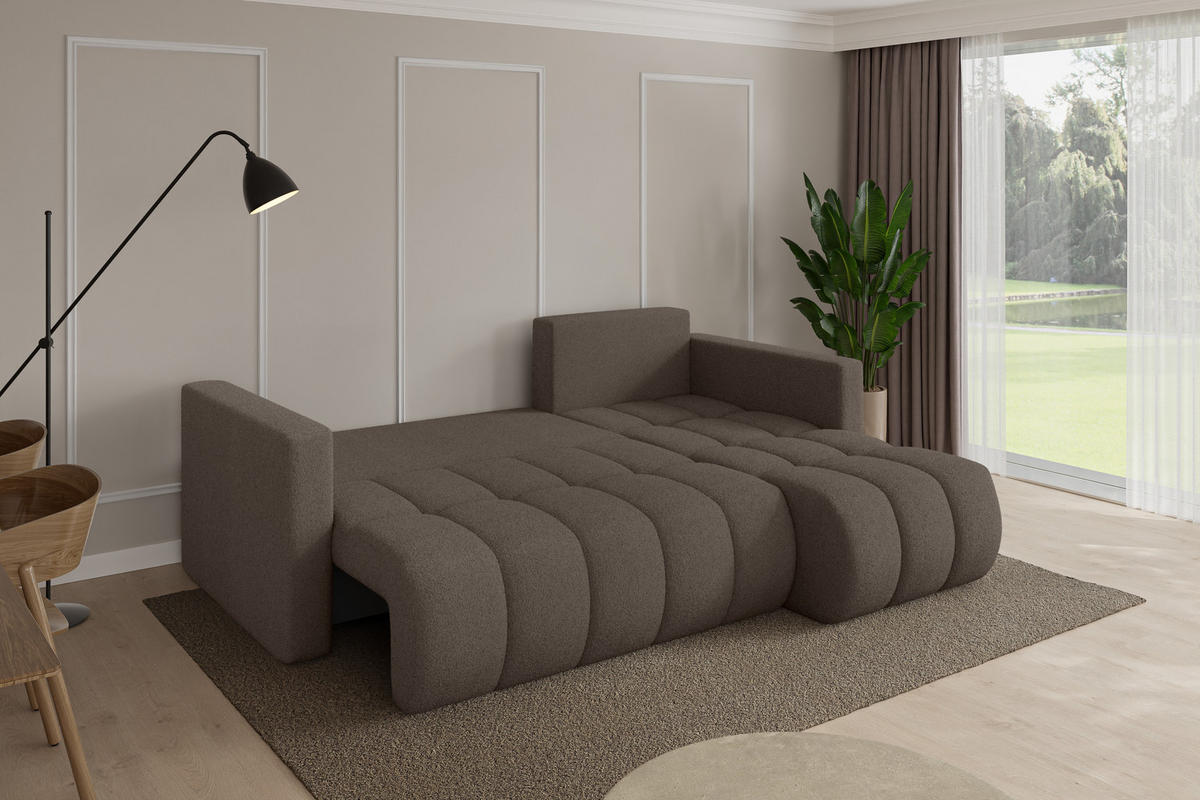 ROHOVÁ SEDAČKA s funkcí spaní, otoman vpravo GARD-L 226x146x85 hnědá bouclé - černá/hnědá, kompozitní dřevo/textil (226/146cm) - ALTDECOR