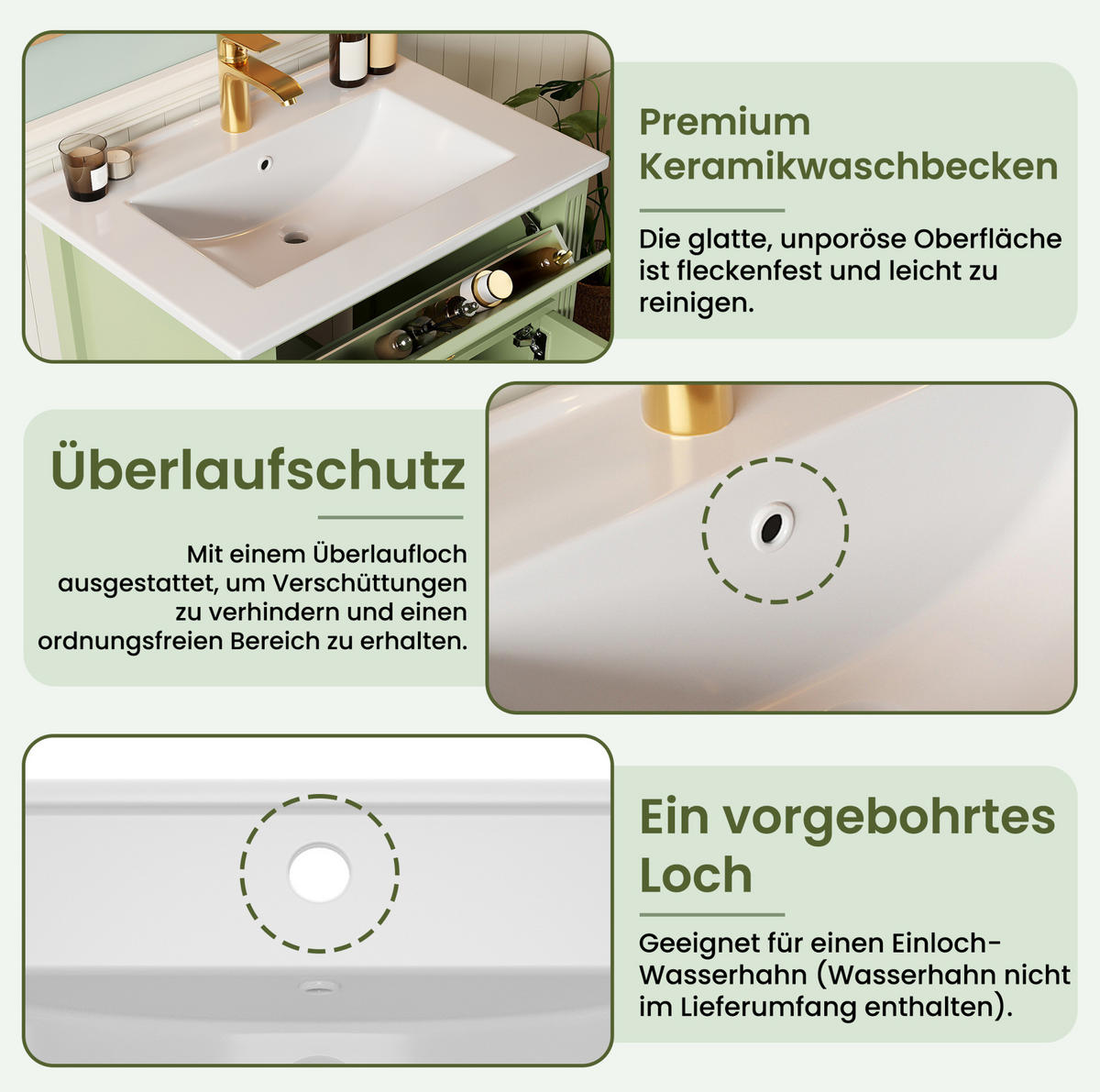 WASCHBECKENUNTERSCHRANK aus MDF und Keramik 61x47x86 cm Grün mit Stauraum, Soft-Close-Tür und Keramikbecken - Grün, Keramik (61/86/47cm) - Modfu