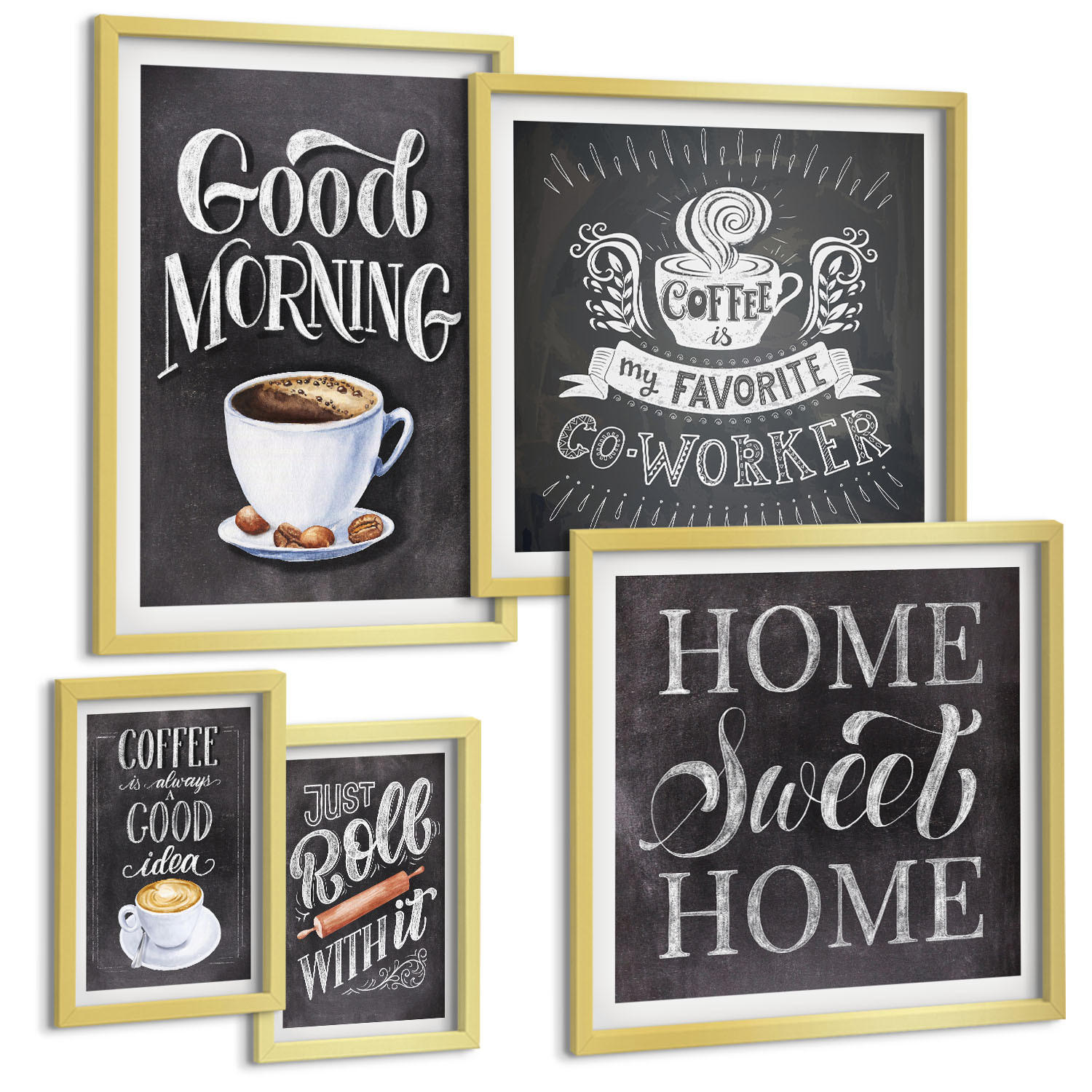 BILDER SET 5er Set - 50x50 cm & 20x30 cm & 40x60 cm Goldrahmen - Kaffeeroller, heimelige Wärme - Goldfarben, Kunststoff (40/60cm) - TULUP