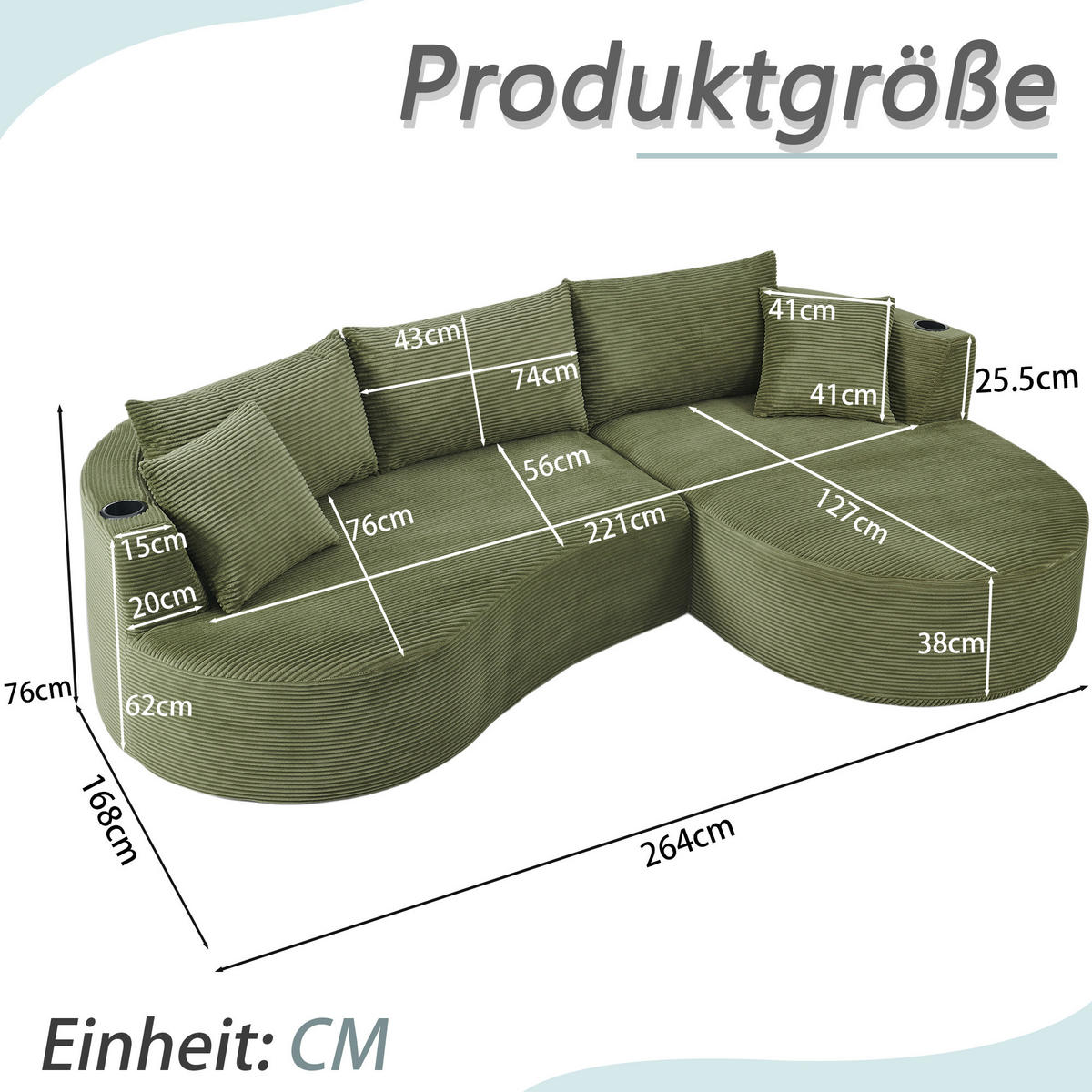ECKSOFA 264/168/76 cm Grün mit Getränkehalter (Rechte Seite) - Grün, Textil (264/168cm) - Oxeza