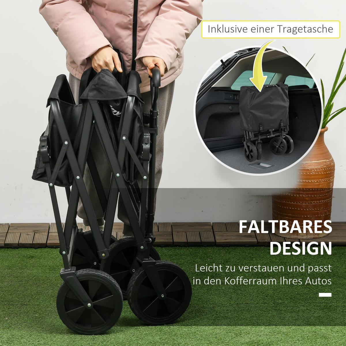 GARTENWAGEN DE-10434 klappbar mit Dach, 110 L Schwarz - Schwarz, Metall (52/105/97cm) - ComfortXL