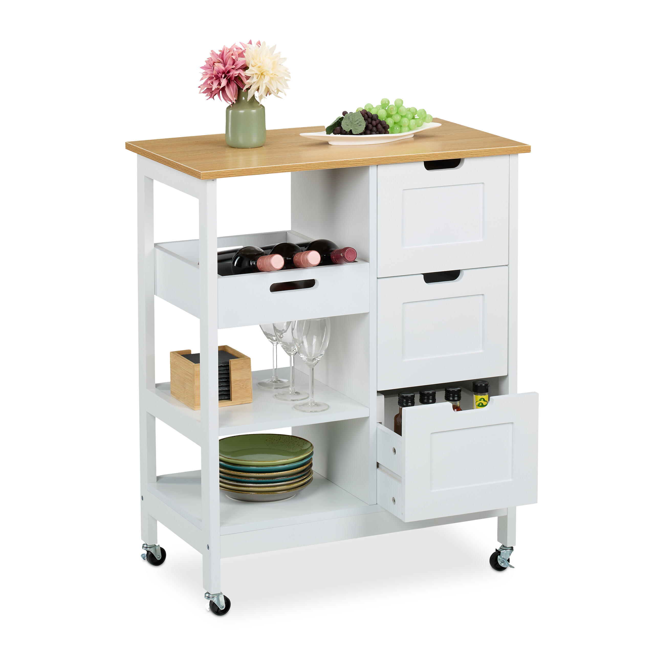 Relaxdays VOZÍK bílý kuchyňský s pracovní deskou 3 zásuvky 85 cm