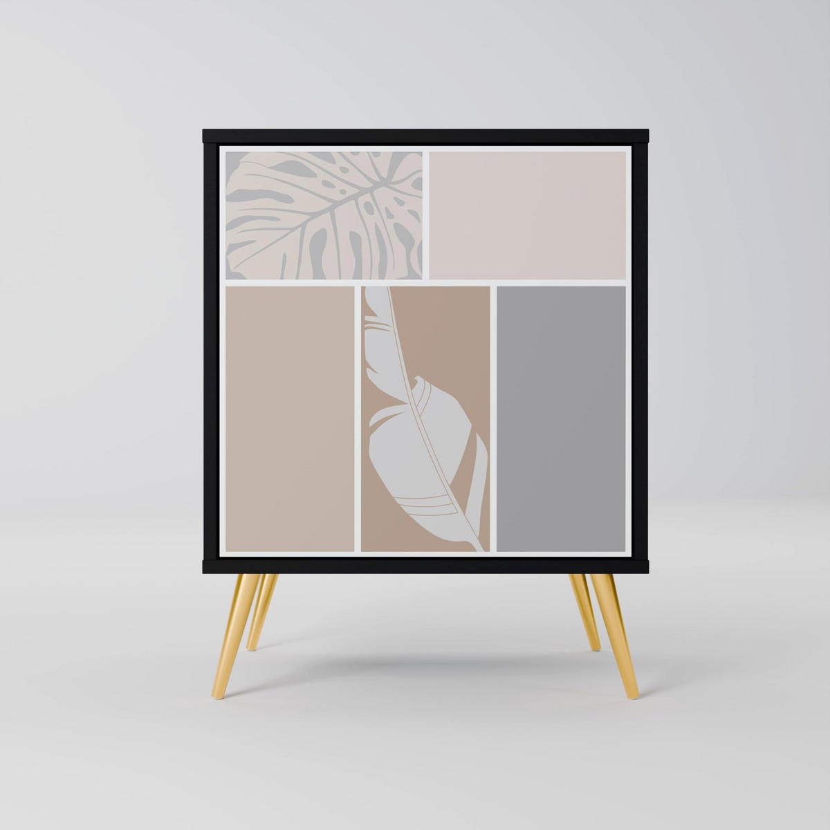 SIDEBOARD TROPICAL SHAPES, Schwarz, 57,5x42x72,5 cm, Schwarze Metallfüße - Multicolor/Schwarz, Holzwerkstoff/Metall (57.5/72.5/42cm) - SpaceRebels