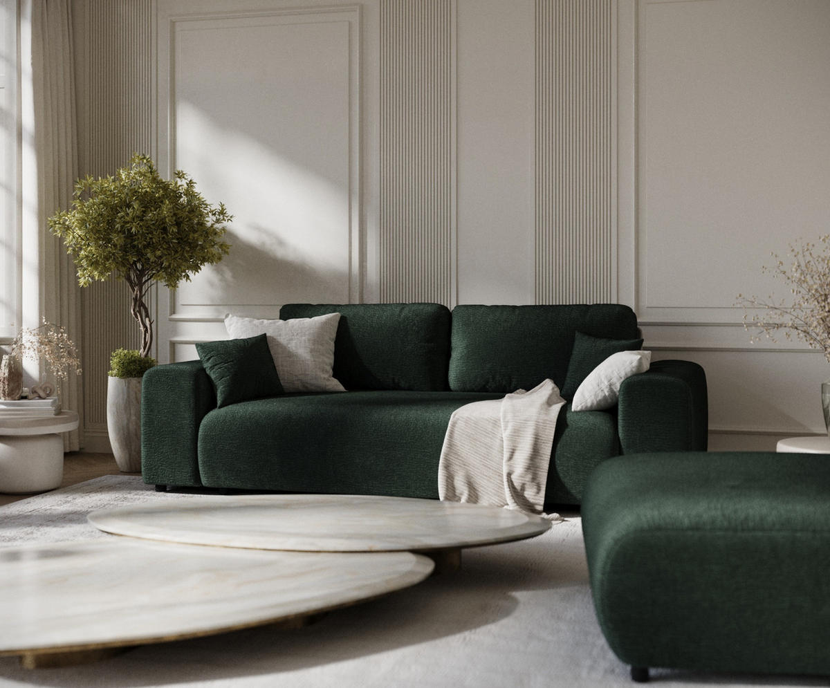 3-SITZER-SOFA Zanzibar Grün Chenille - Schwarz/Grün, Holz/Holzwerkstoff (213/79/108cm) - Maison de Reve