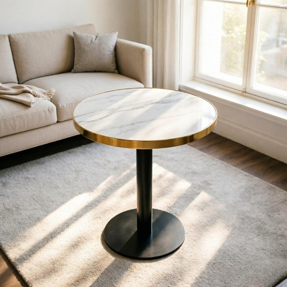 BEISTELLTISCH DE-37359 rund mit Marmoroptik und Goldrand Weiß - Weiß, Metall (60/60/74cm) - ComfortXL