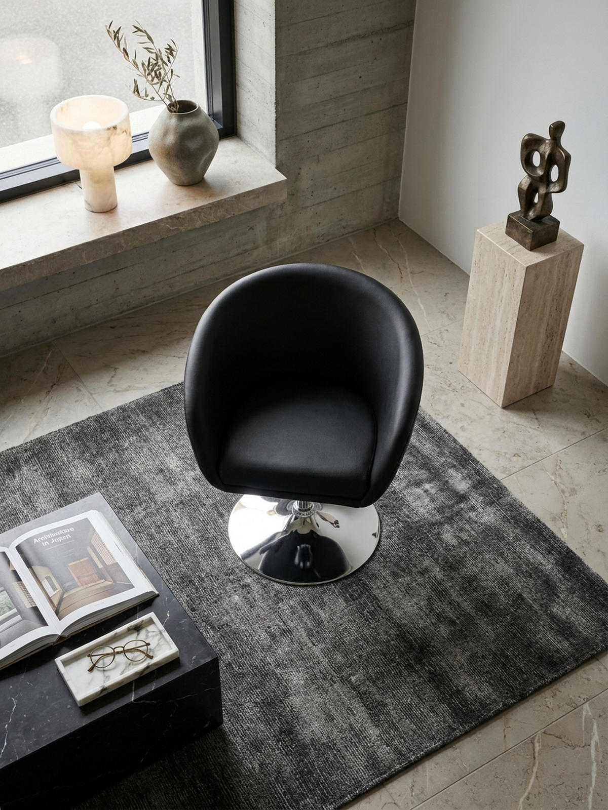 LOUNGESESSEL verstellbare Sitzhöhe mit Trompetenfuß Retro LIFT , Schwarz 62x55x84 cm - Silberfarben/Schwarz, Kunststoff/Textil (62/84/55cm) - KADIMA DESIGN