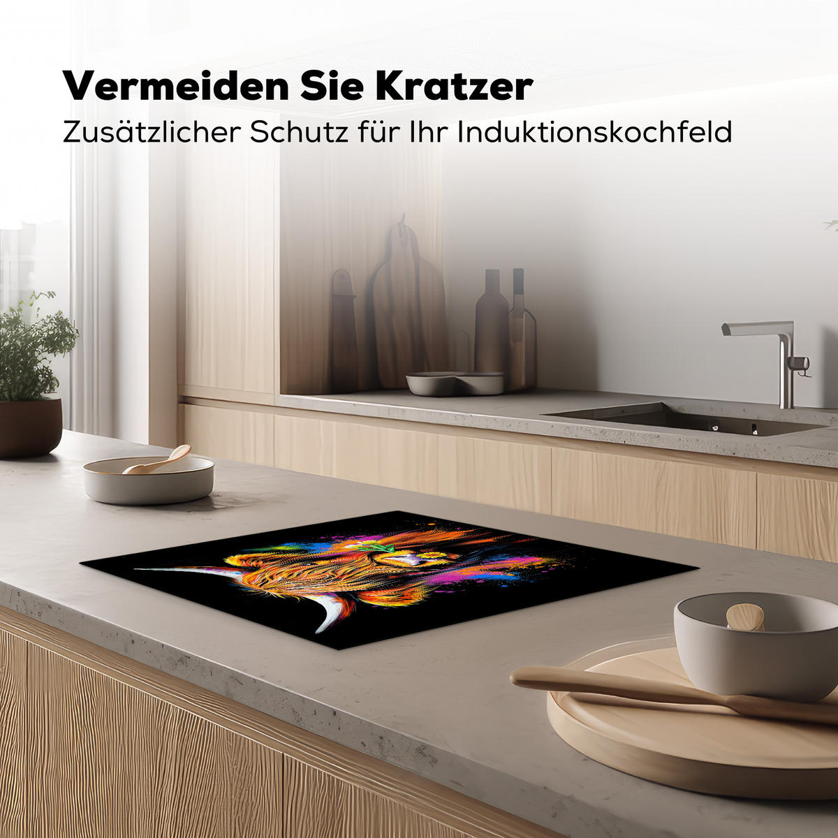 HERDABDECKPLATTE Schottischer Highlander - Graffiti - Bunt - Blume - Tiere Herdabdeckung Induktionsfeld 60x52 cm - Multicolor, Kunststoff (60/52/0.2cm) - MuchoWow