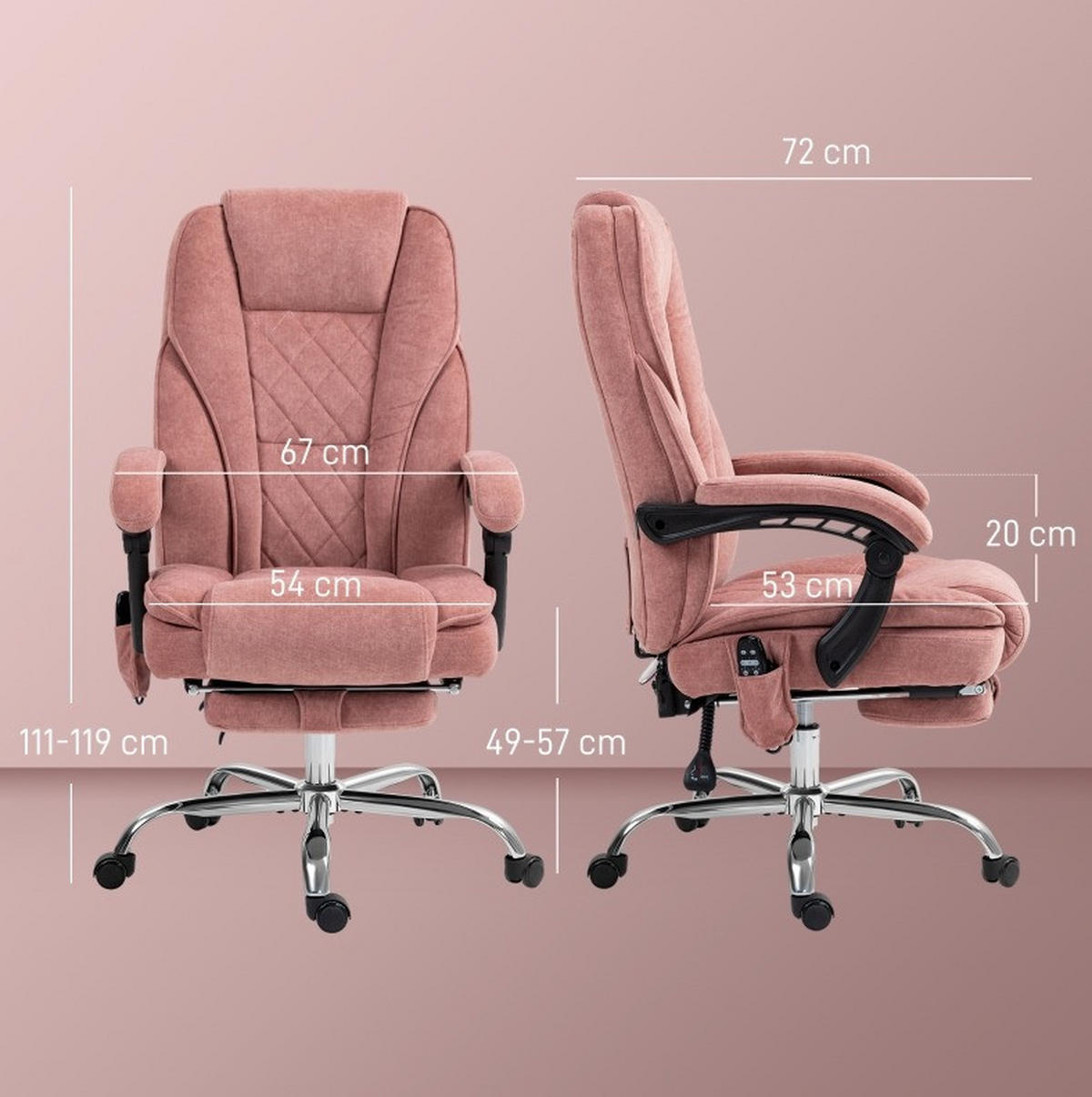 BÜROSTUHL mit Vibrationsmassage 67 x 72 x 111-119 cm Polyester Pink - Pink, Kunststoff (67/119/72cm) - Meubliv