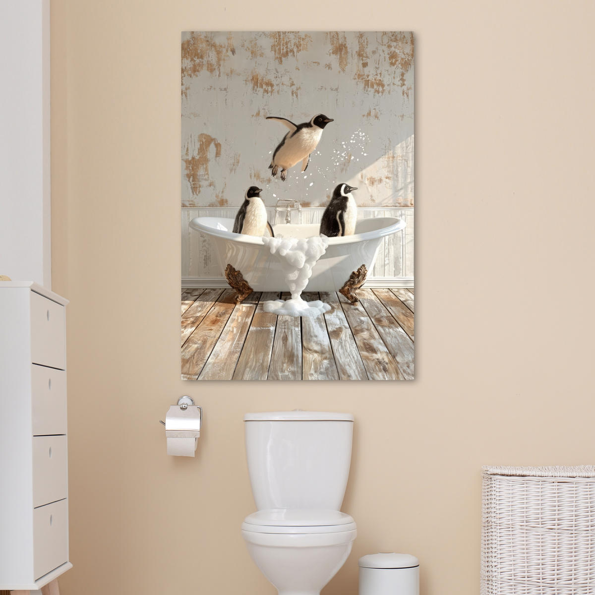 LEINWANDBILD Vintage - Pinguin - Badewanne - Schaumstoff 80x120 cm - Schwarz, Textil (80/120cm) - MuchoWow