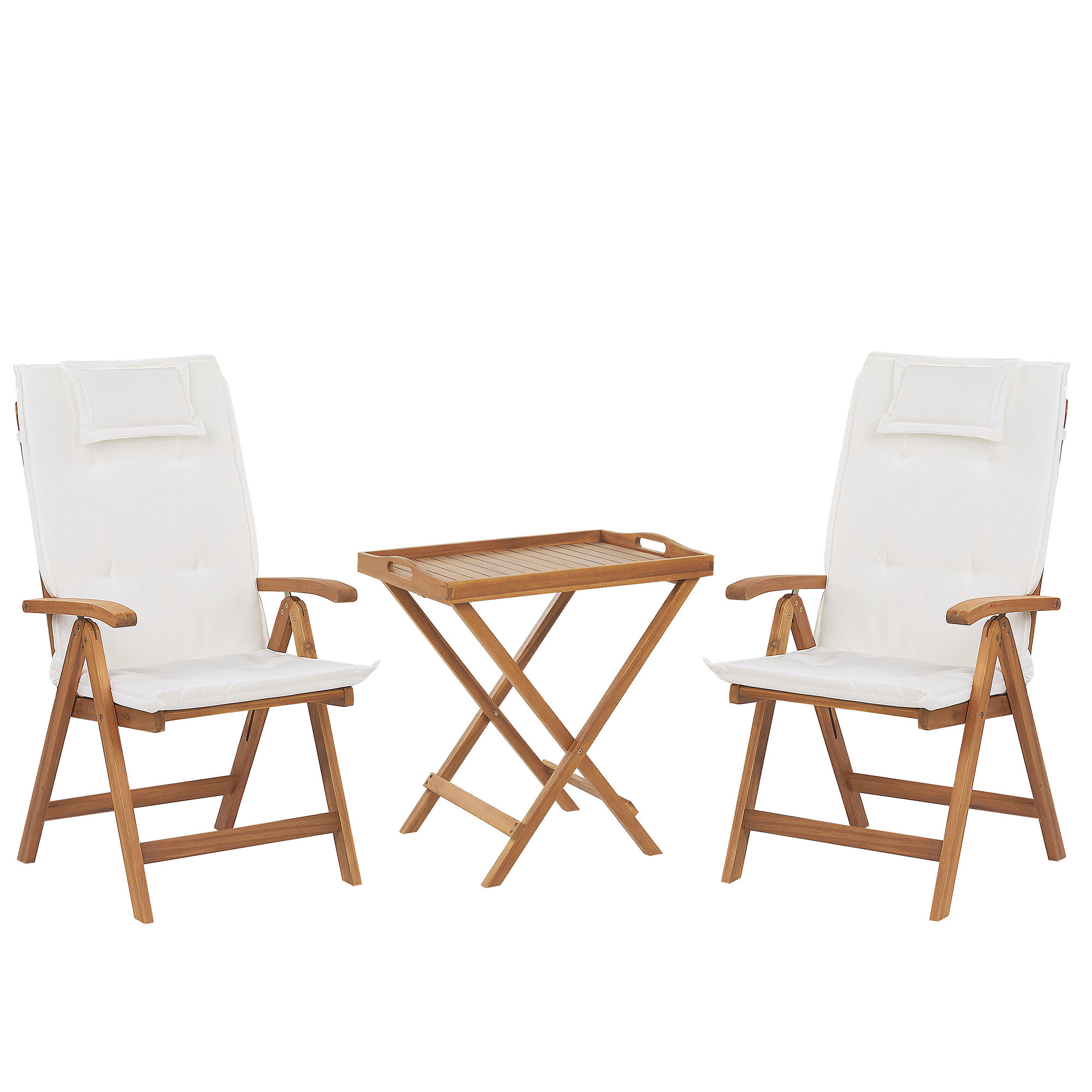 BALKONSET 2-Sitzer Akazienholz hellbraun verstellbar Auflagen cremeweiß Java - Hellbraun/Weiß, Holz/Textil - Beliani