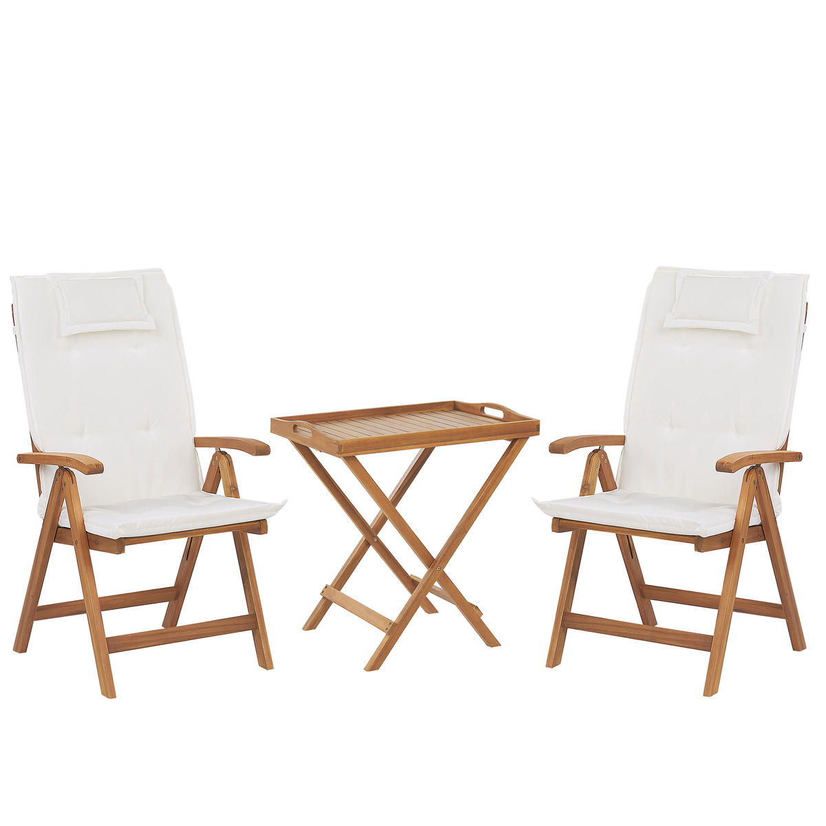 BALKONSET 2-Sitzer Akazienholz hellbraun verstellbar Auflagen cremeweiß Java - Hellbraun/Weiß, Holz/Textil - Beliani