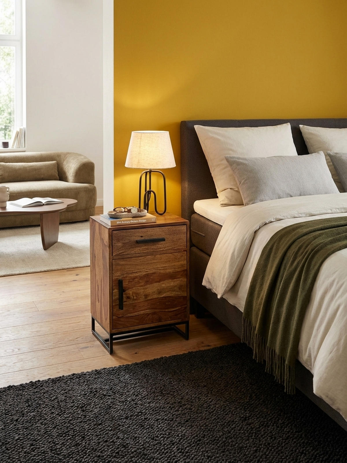 NACHTTISCH – Massivholz/Eisen, Schublade & Tür, Industrial-Stil - Schwarz/Braun, Holz/Metall (45/65/35cm) - KADIMA DESIGN