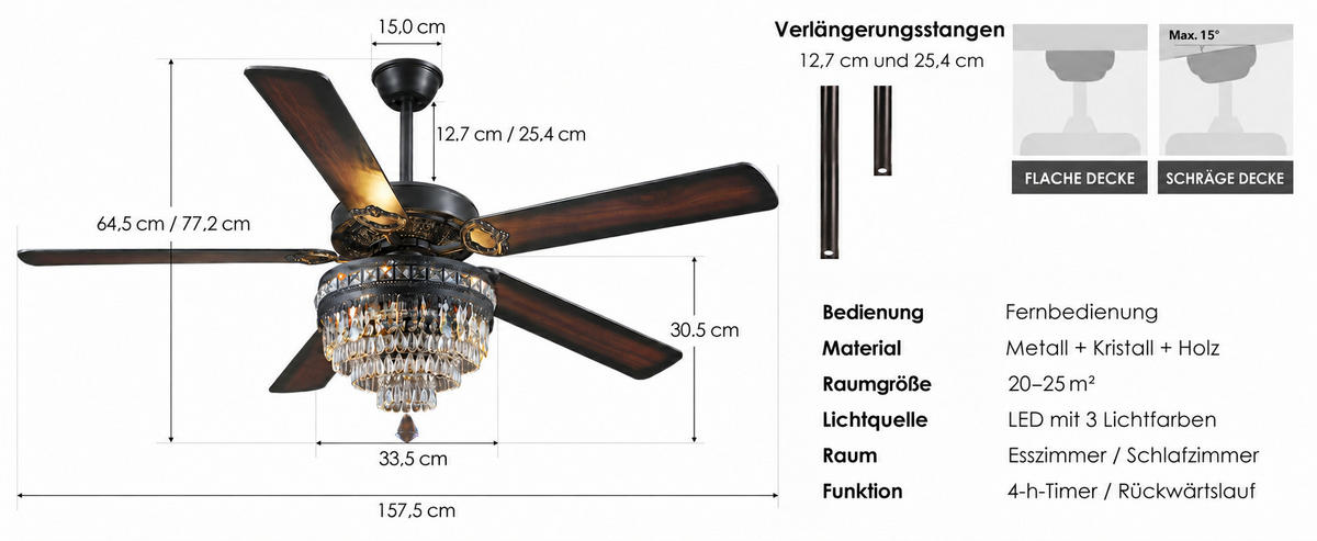 DECKENVENTILATOR Schwarz 132 cm mit Kristallleuchte und Fernbedienung - Schwarz, Metall (157.5/157.5/64.5cm) - Surtime