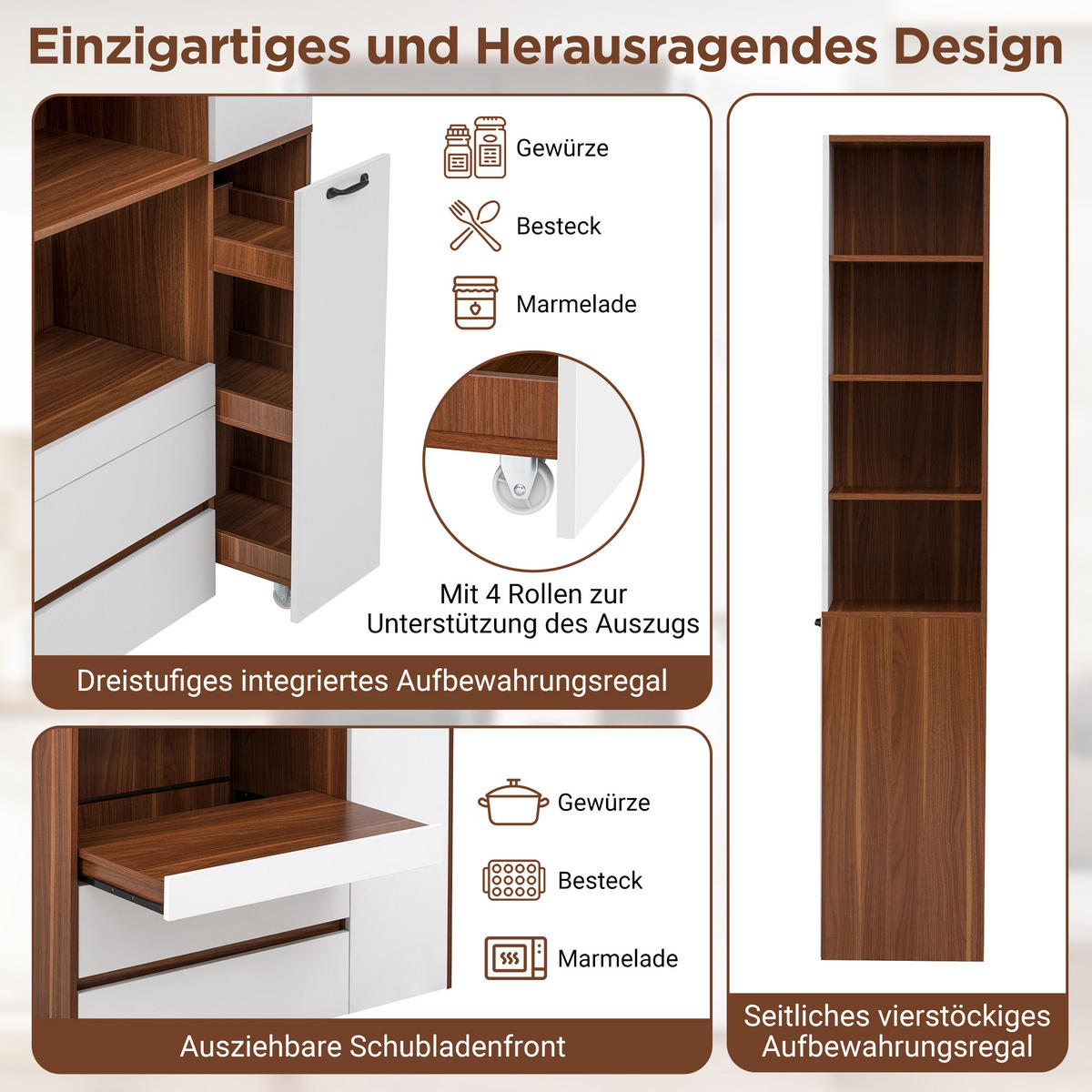 BUFFETSCHRANK Riffelglas Weiß-Nussbaumfarben 100/40/200 cm - Weiß, Holz (100/200/40cm) - PANGIVO
