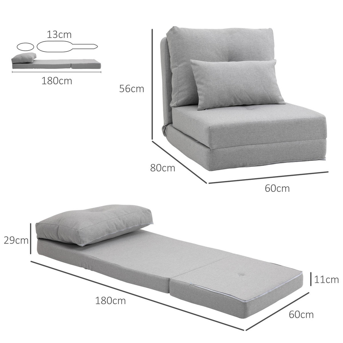 SCHLAFSESSEL DE-14555 5-fach verstellbar, 2 Kissen Hellgrau - Hellgrau, Textil (203.2/142.24/152.4cm) - ComfortXL