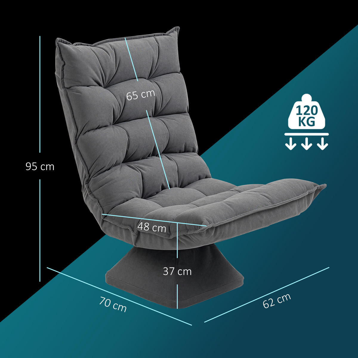 BODENSTUHL Bodensofa mit Verstellbarer Rückenlehne für Wohnzimmer, Büro Grau - Grau, Metall (70/95/62cm) - HOMCOM