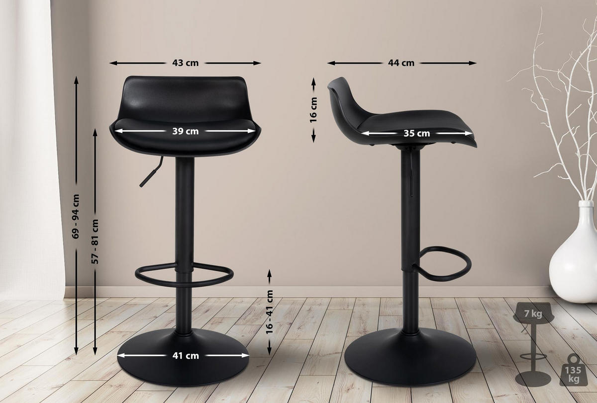 BARHOCKER 2er Set Kunststoff schwarz - Schwarz, Kunststoff/Textil (43/69/44cm) - CLP