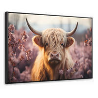 LEINWAND Bilder mit Rahmen - Schottischer Hochländer - Frühling - Hochland - 140x90 - Hellrosa, Textil (140/90cm) - MuchoWow
