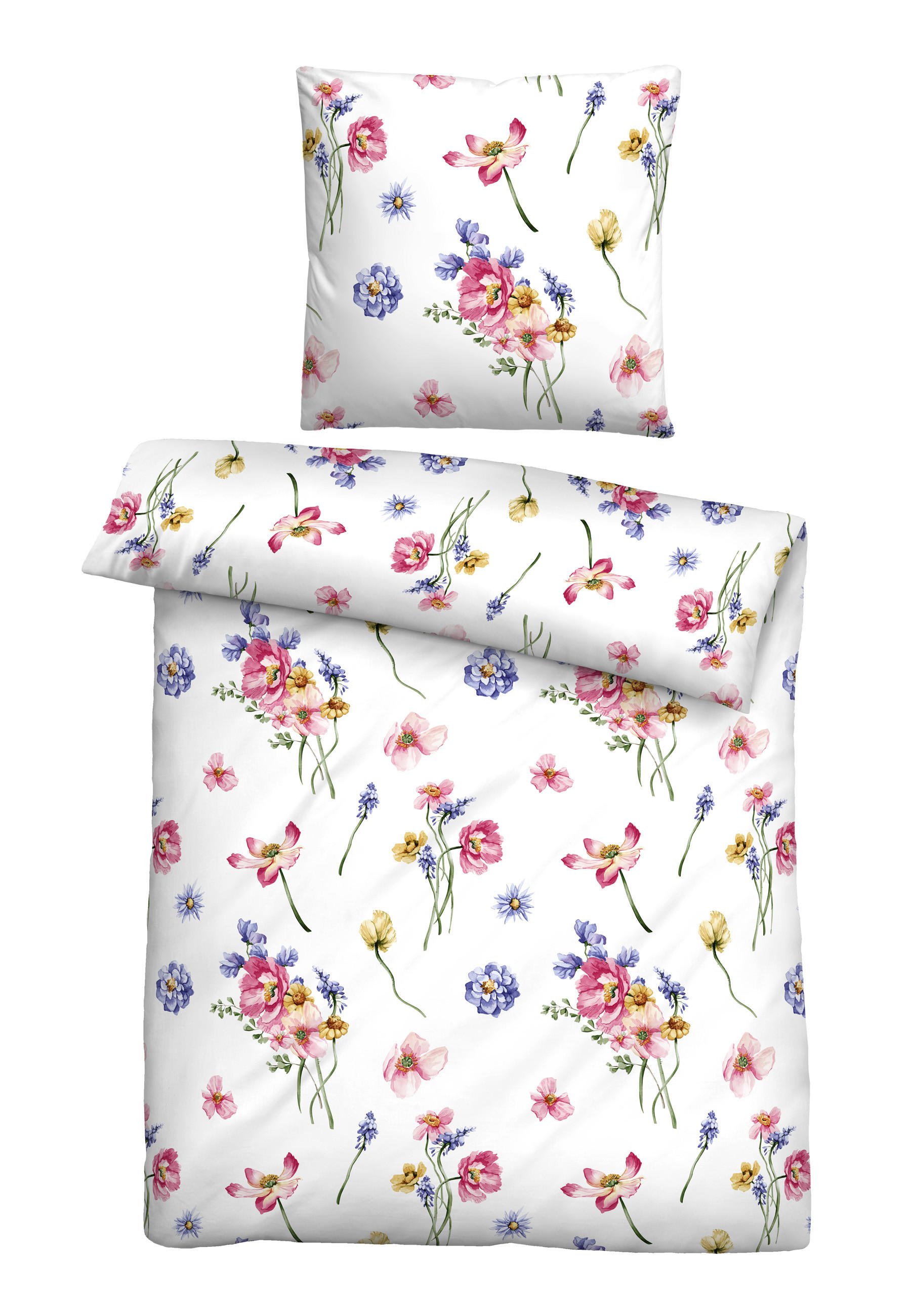 BETTWÄSCHE-GARNITUR Seersucker Sommerblumen pink, 135x200 cm + 80x80 cm - Pink, Textil (135/200cm) - biberna