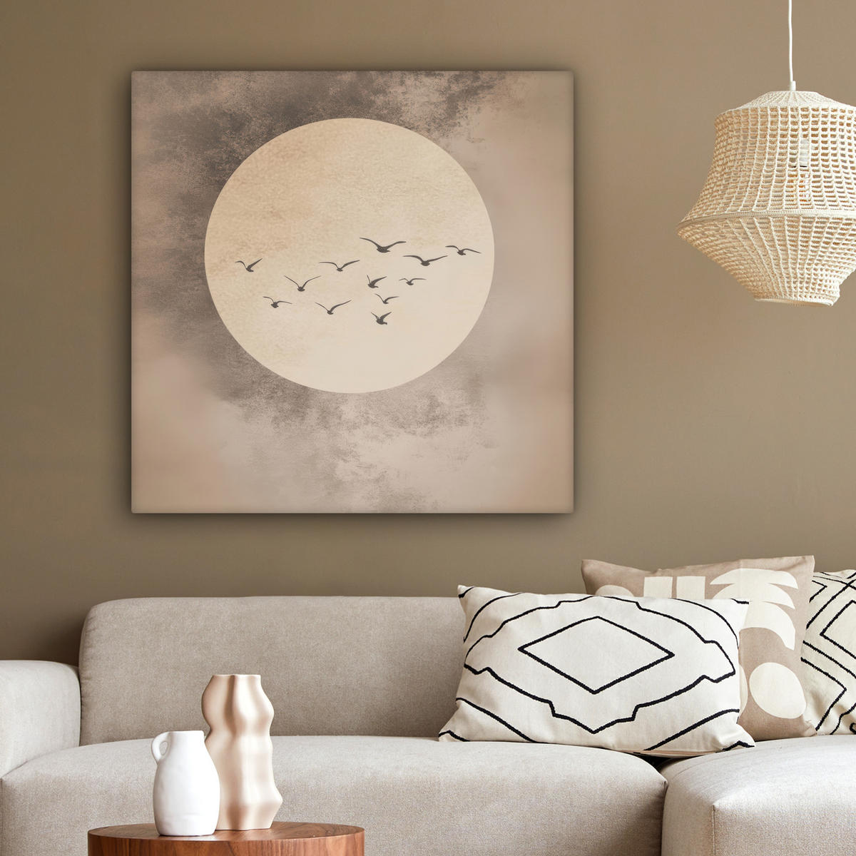 LEINWANDBILD Vogel - Beige - Japanisch 90x90 cm - Taupe, Textil (90/90cm) - MuchoWow