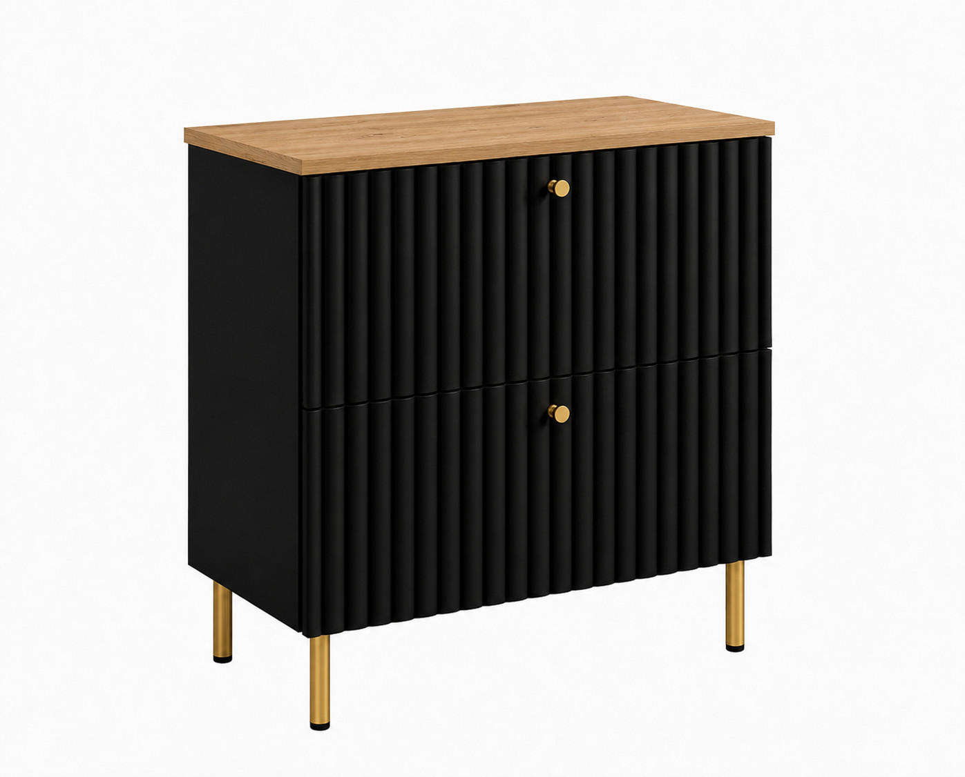 BADEZIMMERSCHRANK: Schwarz / Platte Craft-Eiche / Griffe Gold / Beine Gold, 60 x 44,4 x 73,6 cm - Goldfarben/Schwarz, Holzwerkstoff (60/73.6/44.4cm) - 3XE LIVING