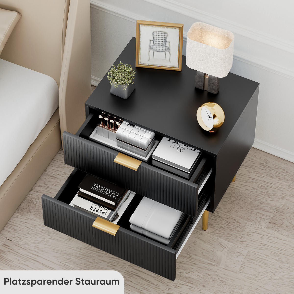 ESSTISCH 53/41,5 cm Schwarz aus MDF und Metall mit 2 Schubladen - Schwarz, Holzwerkstoff (41.5/53/52.5cm) - OKMYHOME