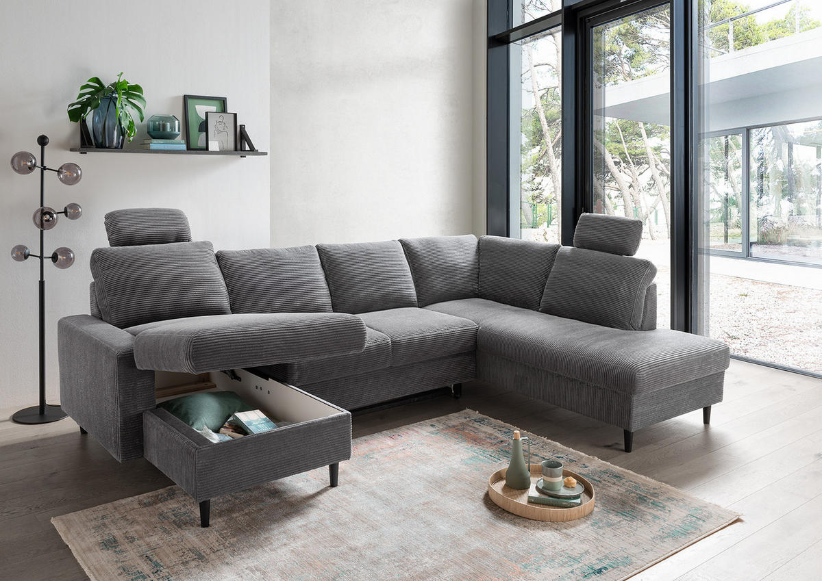 WOHNLANDSCHAFT mit Schlaffunktion Bettkasten Wellenunterfederung, 2 Kopfstützen, U-Form B305/T200/H88 cm, Cord Grau Anthrazit / 17206 - Schieferfarben/Anthrazit, Holz/Textil (305/88/200cm) - luma-home