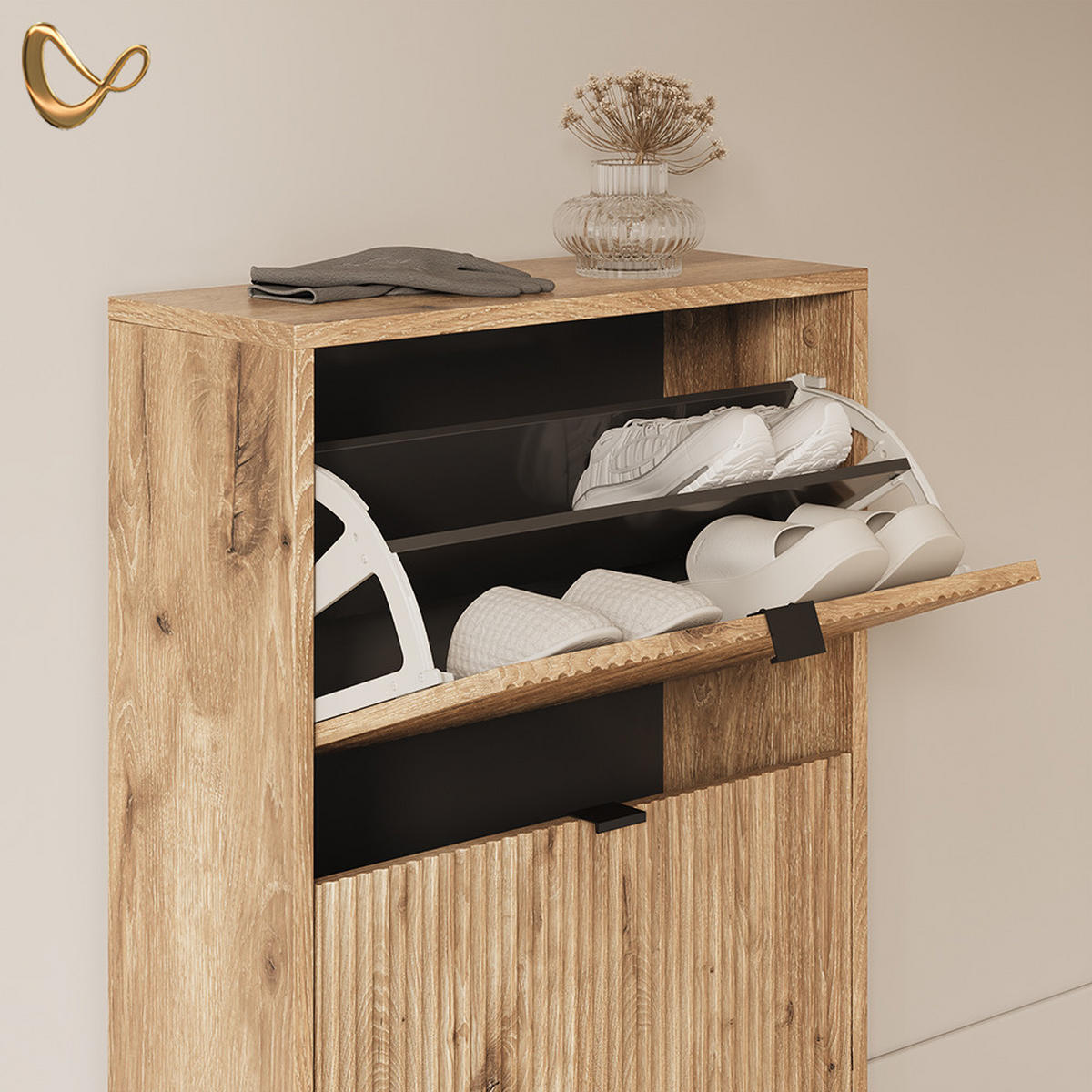SCHUHKIPPER Aterno Viking Oak 60 x 92 cm mit 2 Klappschubladen - Eichefarben, Holzwerkstoff (60/92/24cm) - Livinity®