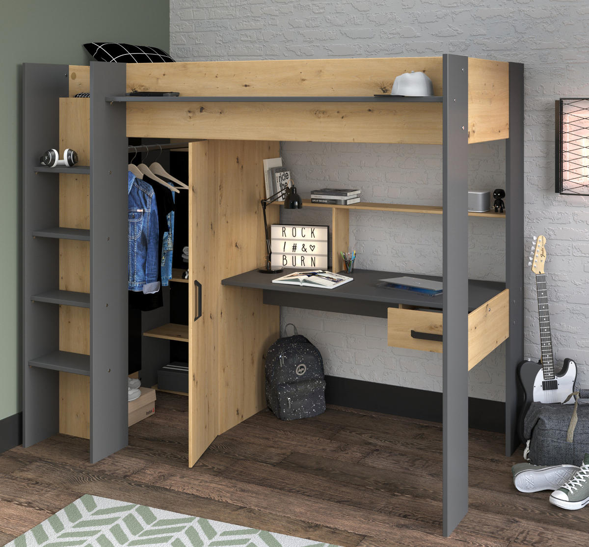 HOCHBETT mit Schreibtisch und Kleiderschrank Bett 90 x 200 cm - Eichefarben/Dunkelgrau, Holzwerkstoff/Kunststoff (90/200cm) - Parisot Meuble